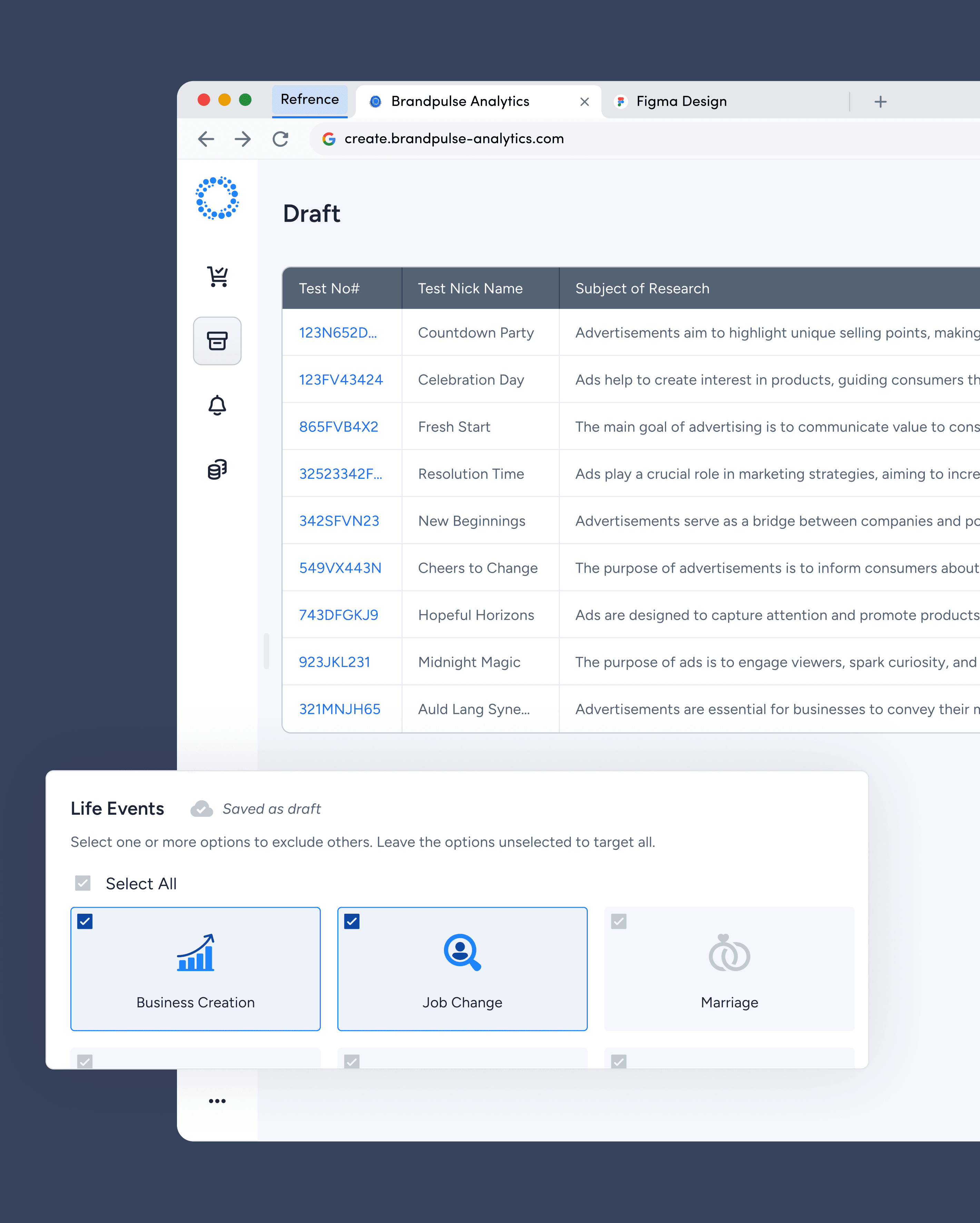 BrandPulse drafts — draft campaigns list and Life Events targeting saved as draft