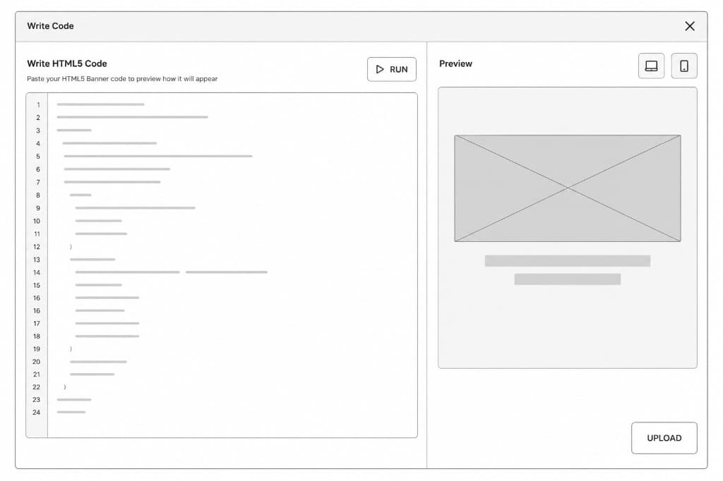 HTML5 banner testing — ZIP/HTML upload and live code editor preview