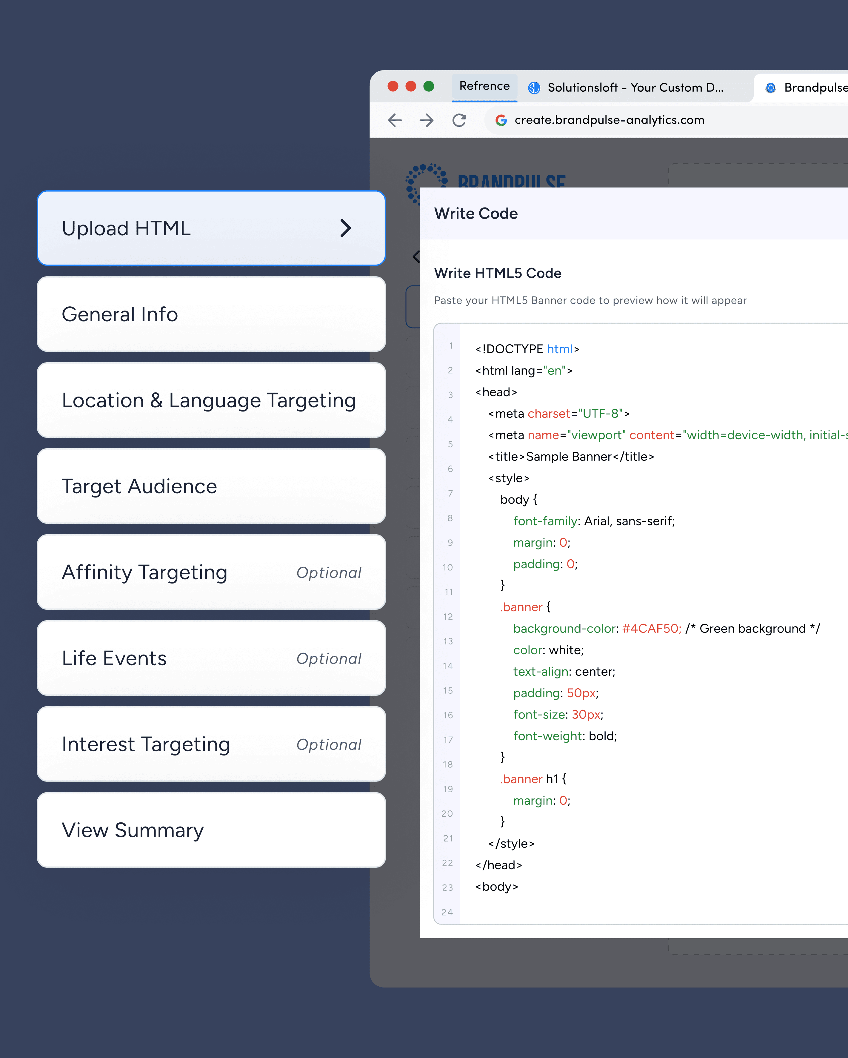 BrandPulse HTML5 banner testing — upload HTML step and Write Code editor for live banner preview