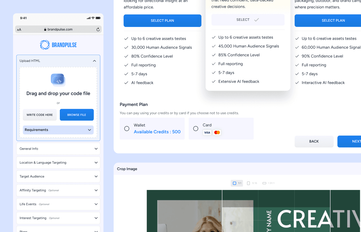 BrandPulse impact — mobile HTML upload, credit pricing plans, and in-app image cropping