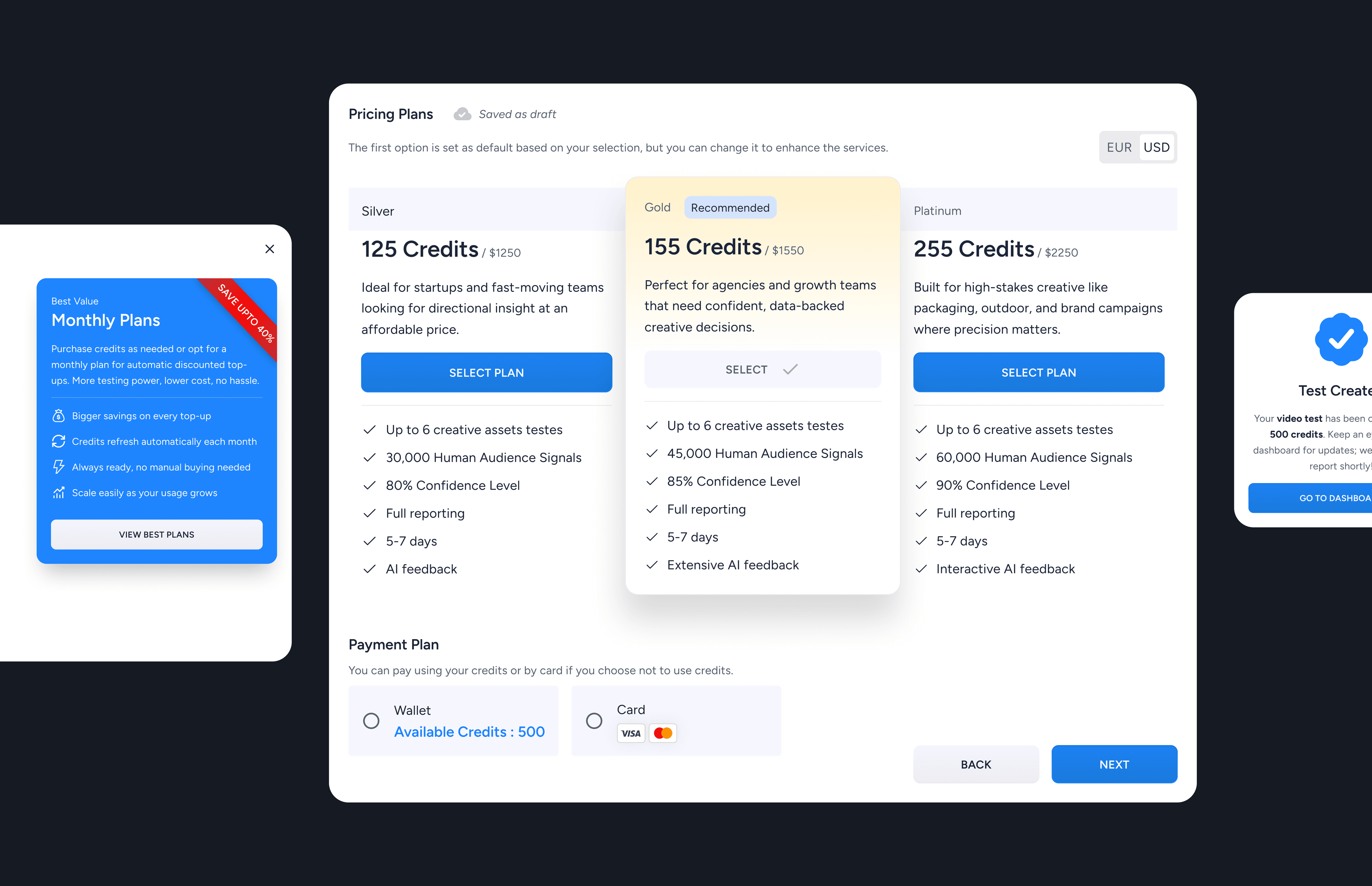 BrandPulse pricing and wallet — Silver, Gold, Platinum plans, payment options, and test created confirmation