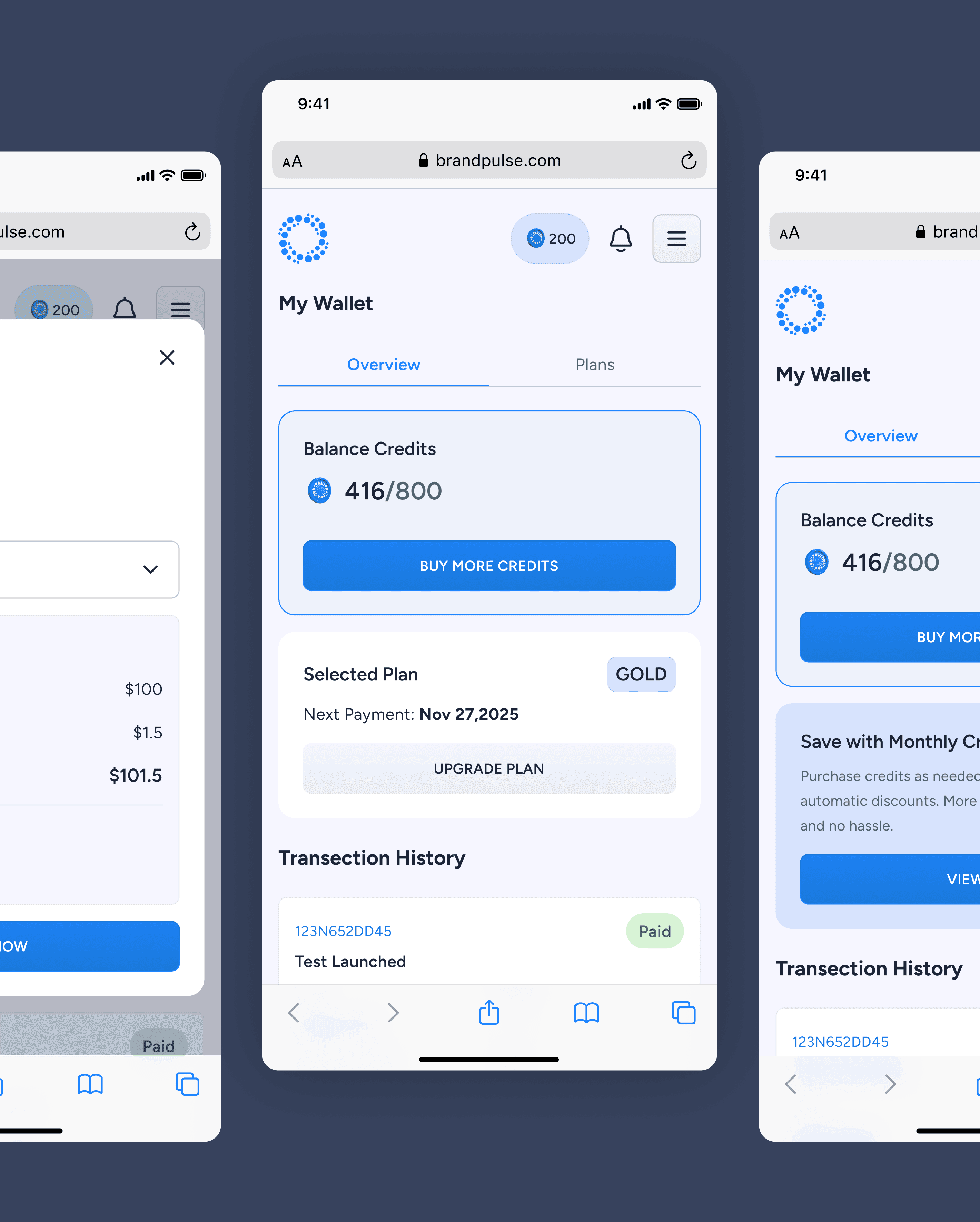 BrandPulse wallet — credit balance, selected plan, transaction history, and buy credits flow