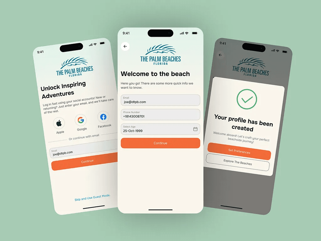 Login, create profile, and profile created screens